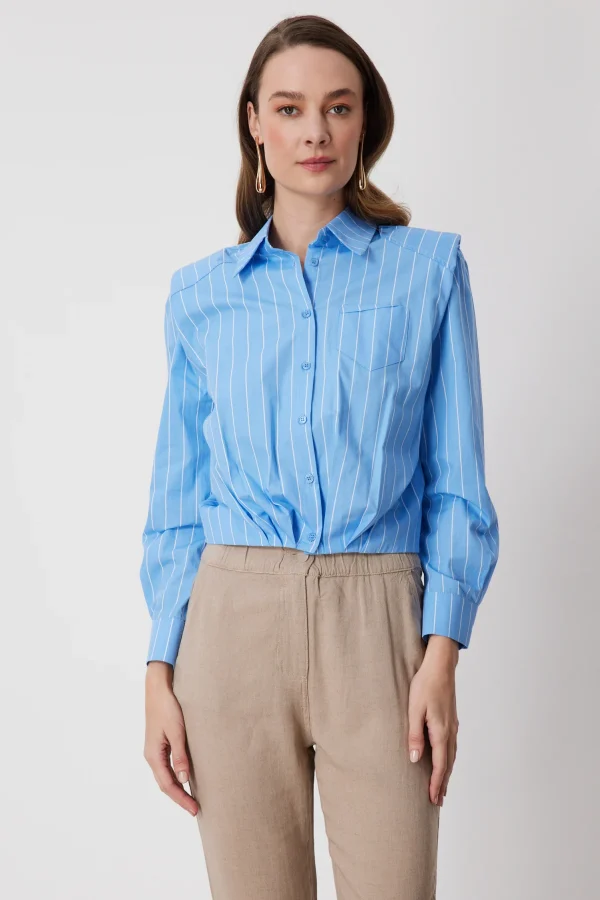 ON TRİKO Beli Pileli Çizgili Pamuklu Gömlek 72305