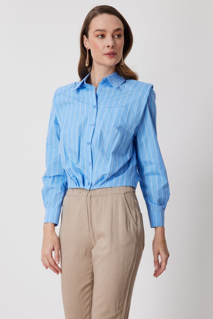 ON TRİKO Beli Pileli Çizgili Pamuklu Gömlek 72305 - MAVİ