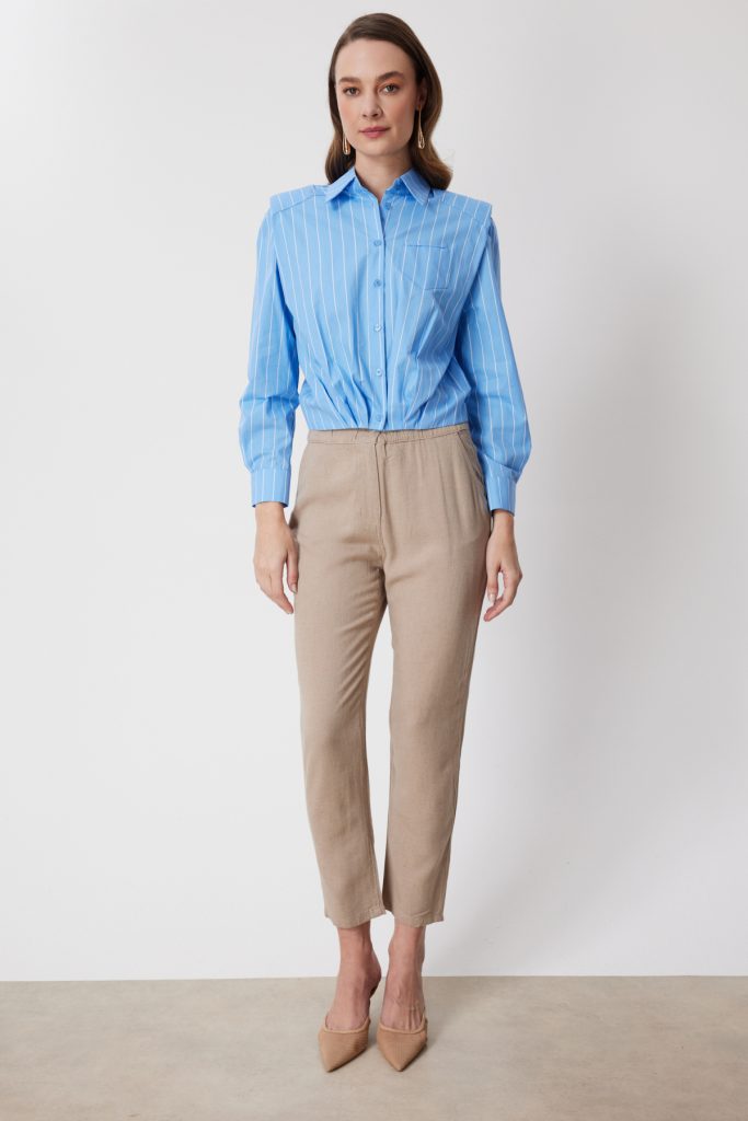 ON TRİKO Beli Pileli Çizgili Pamuklu Gömlek 72305 - MAVİ