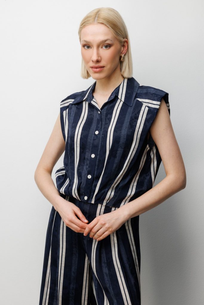 ON TRİKO Çizgi Desenli Crop Gömlek 74349 - Lacivert