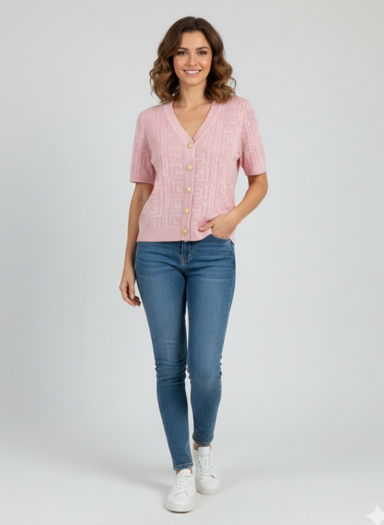 ON TRİKO V Yaka Kısa Kol Triko Hırka 70910 - PUDRA