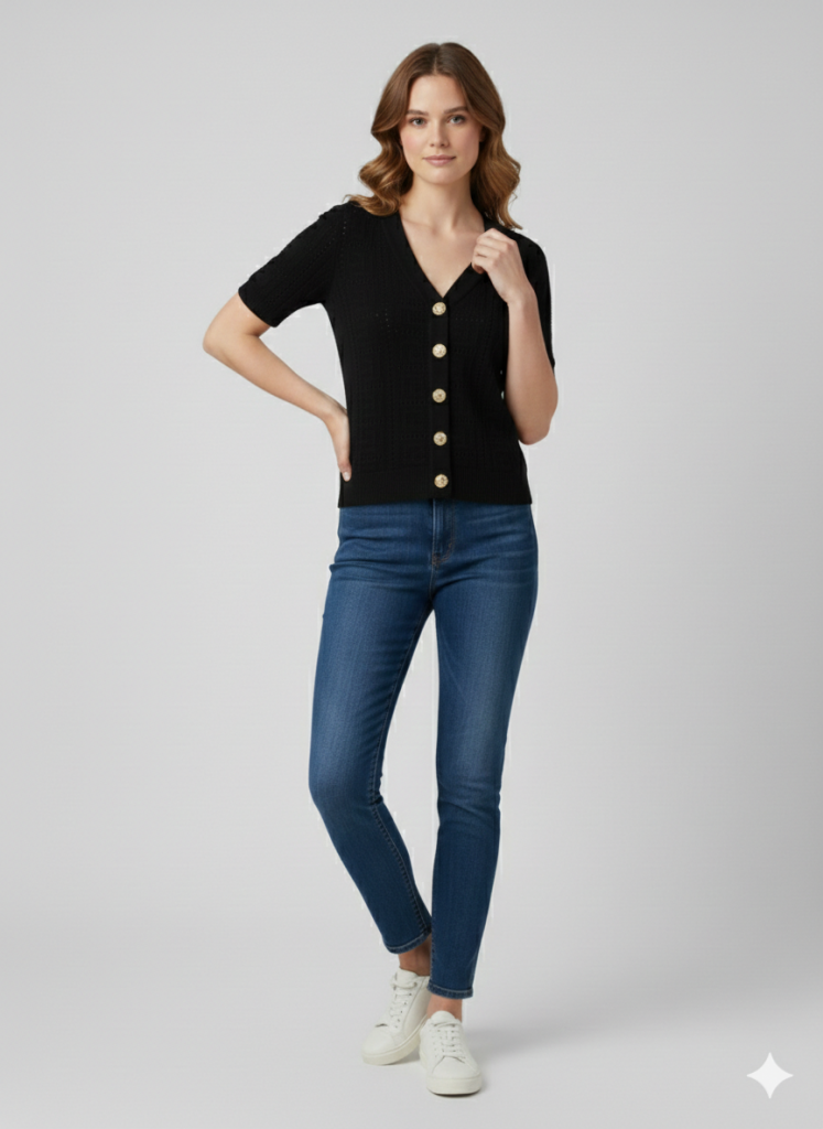 ON TRİKO V Yaka Kısa Kol Triko Hırka 70910 - Siyah