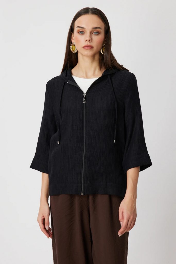 ON TRİKO Yarım Kol Kapüşonlu Sweat 72700 - Siyah