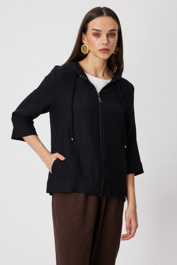 ON TRİKO Yarım Kol Kapüşonlu Sweat 72700 - Siyah