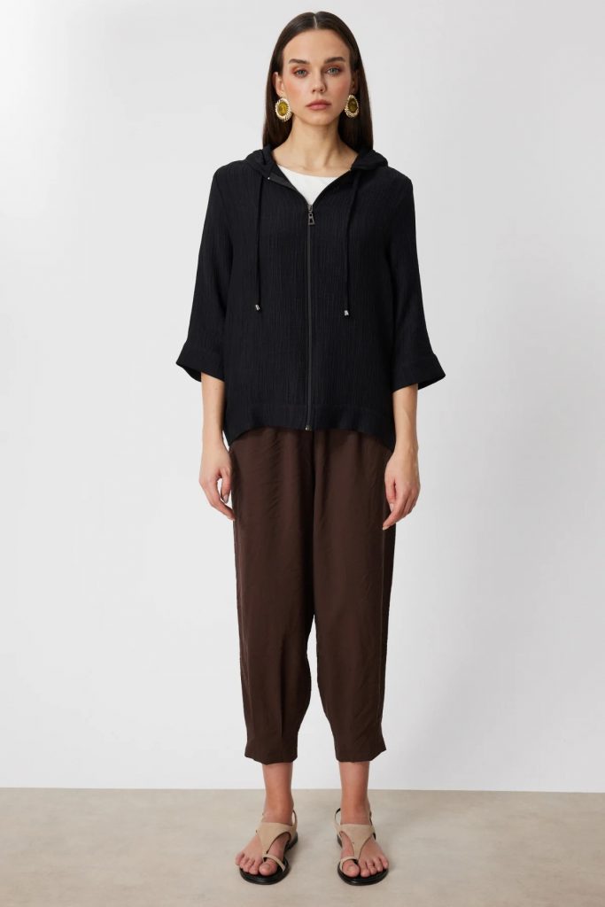 ON TRİKO Yarım Kol Kapüşonlu Sweat 72700 - Siyah