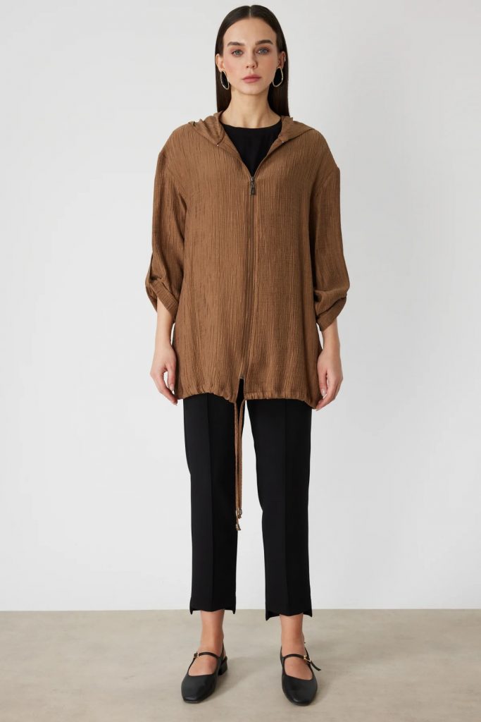 ON TRİKO Kendinden Desenli Kapüşonlu Hırka 72701 - VİZON