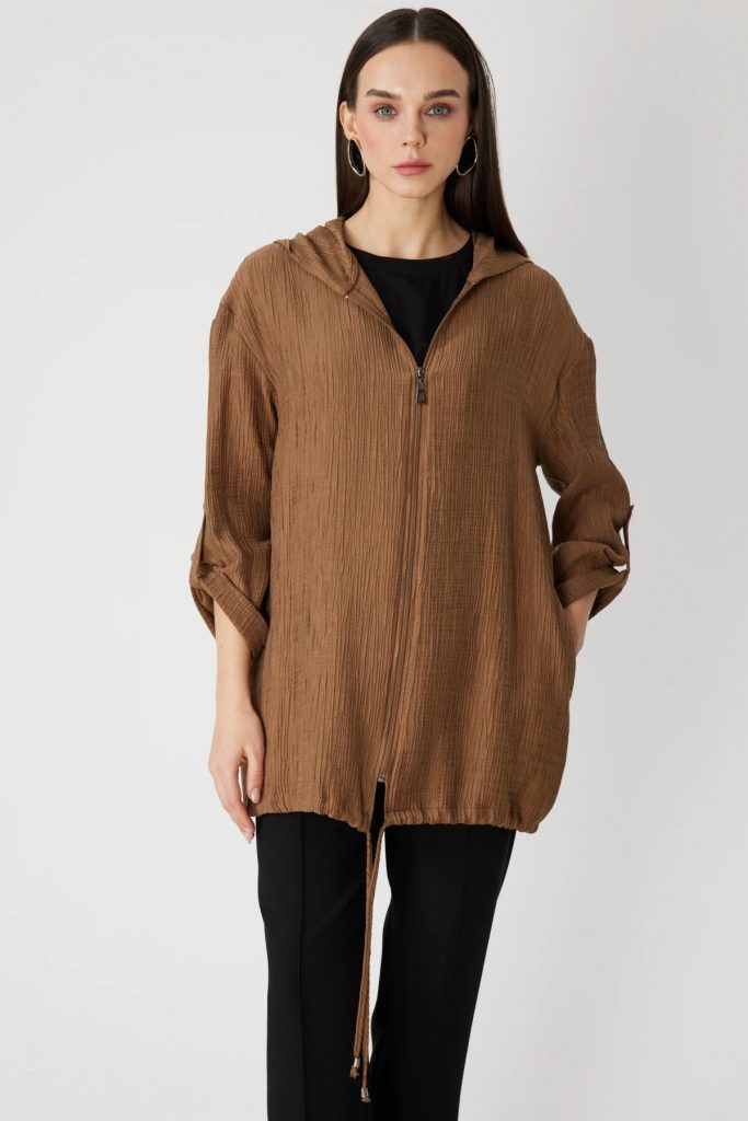 ON TRİKO Kendinden Desenli Kapüşonlu Hırka 72701 - VİZON