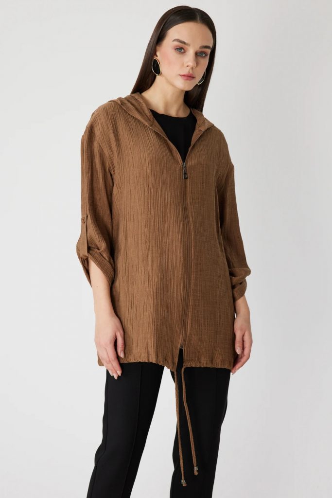 ON TRİKO Kendinden Desenli Kapüşonlu Hırka 72701 - VİZON