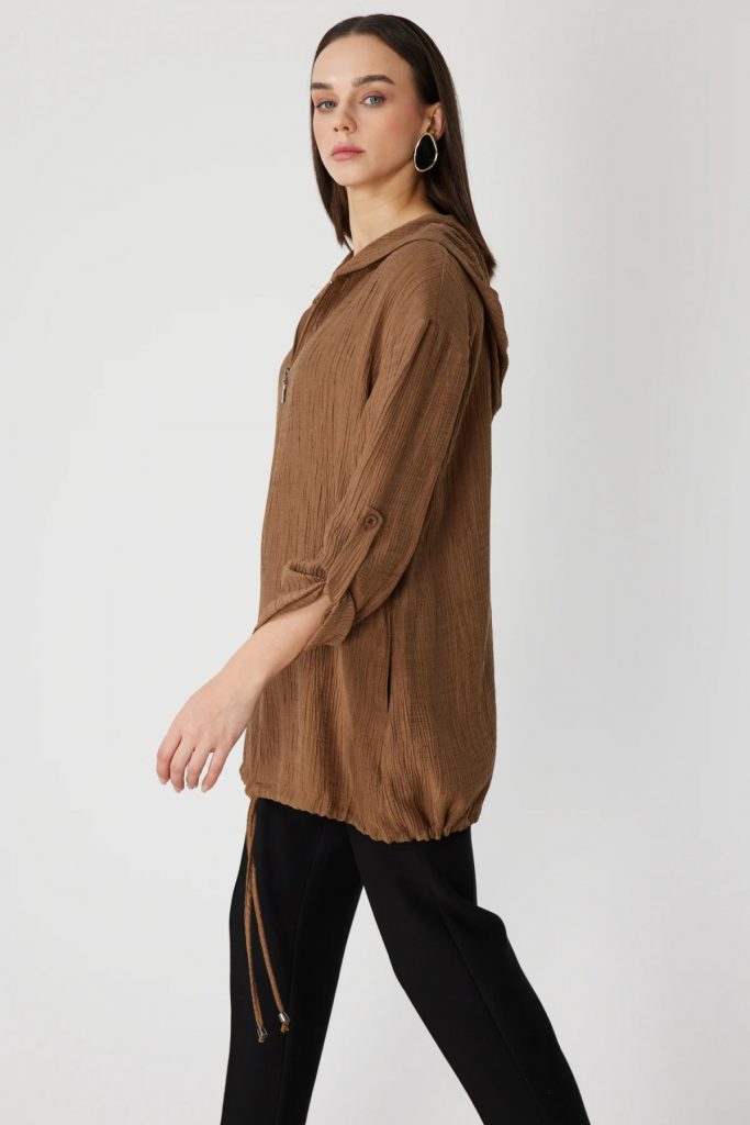 ON TRİKO Kendinden Desenli Kapüşonlu Hırka 72701 - VİZON