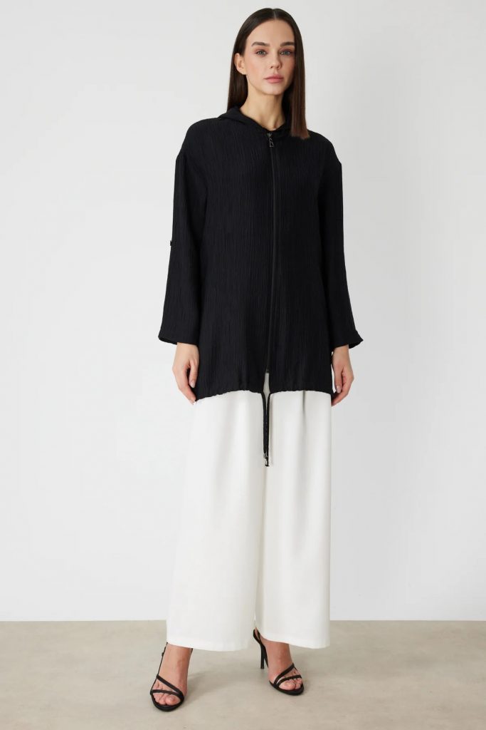 ON TRİKO Kendinden Desenli Kapüşonlu Hırka 72701 - Siyah