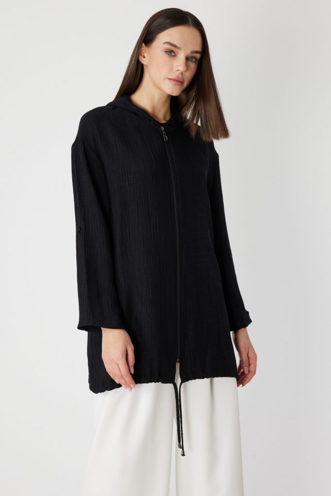 ON TRİKO Kendinden Desenli Kapüşonlu Hırka 72701 - Siyah