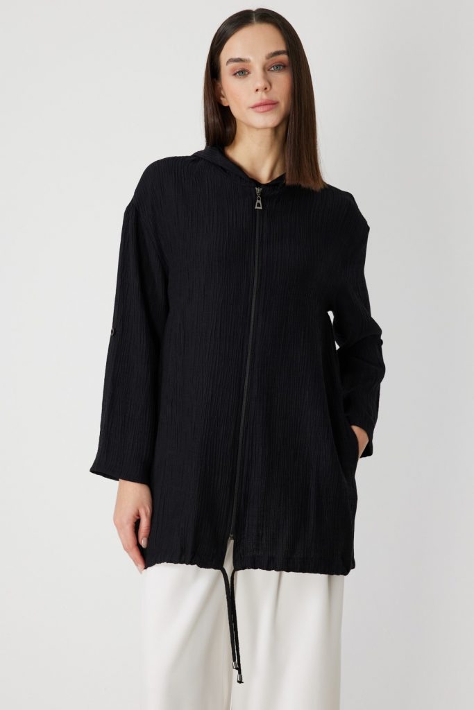 ON TRİKO Kendinden Desenli Kapüşonlu Hırka 72701 - Siyah