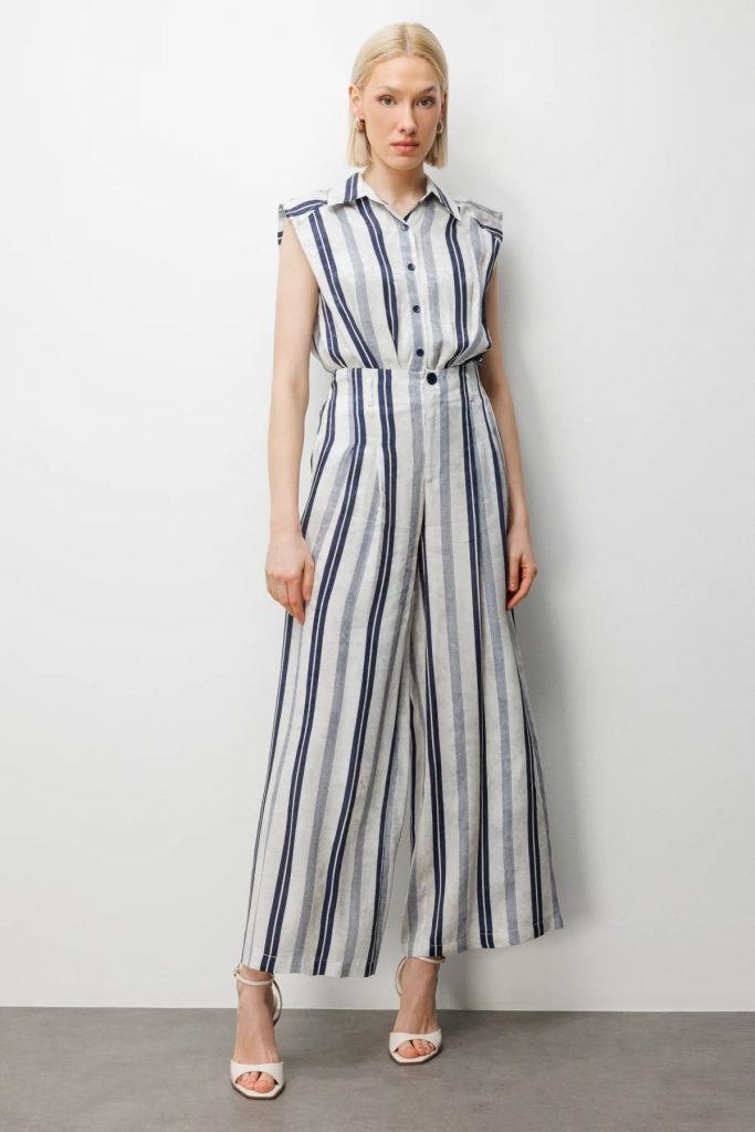 ON TRİKO Çizgili Bol Paça Pantolon 74350 - EKRU