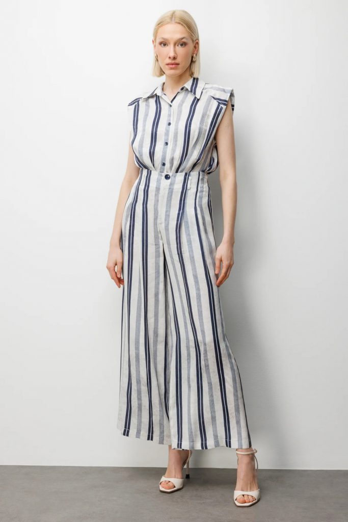 ON TRİKO Çizgili Bol Paça Pantolon 74350 - EKRU