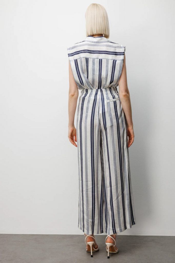 ON TRİKO Çizgili Bol Paça Pantolon 74350 - EKRU