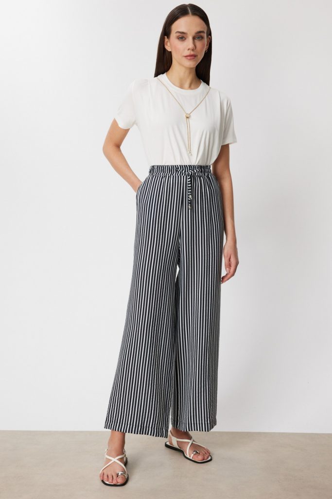 ON TRİKO Çizgili Bol Paça Keten Pantolon 74903
