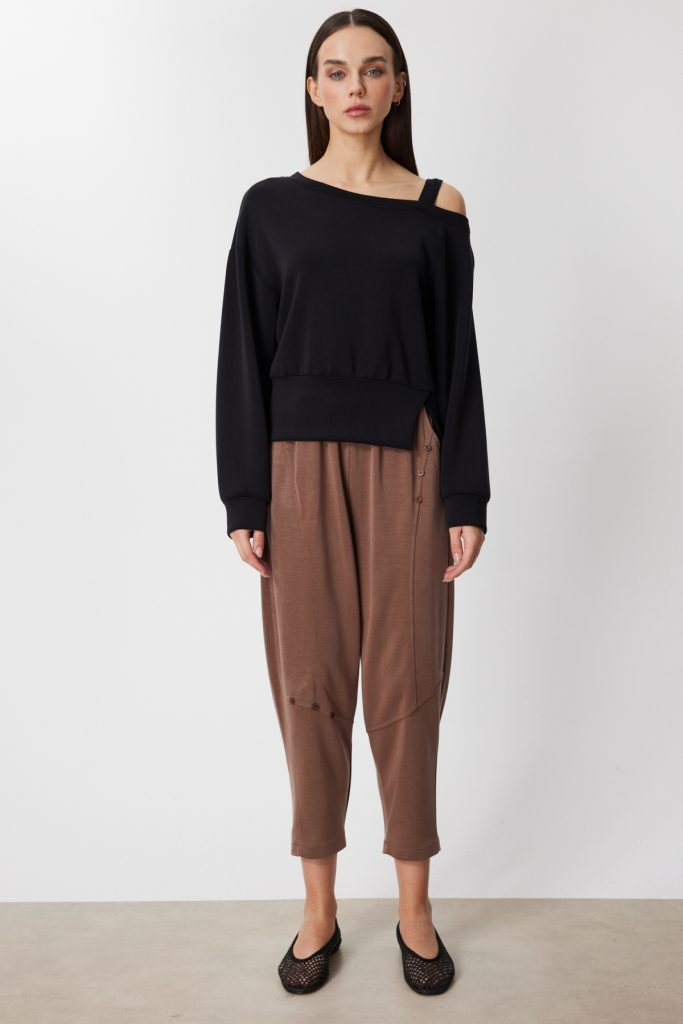 ON TRİKO Kayık Yaka Yırtmaç Detaylı Sweat 76324 - Siyah