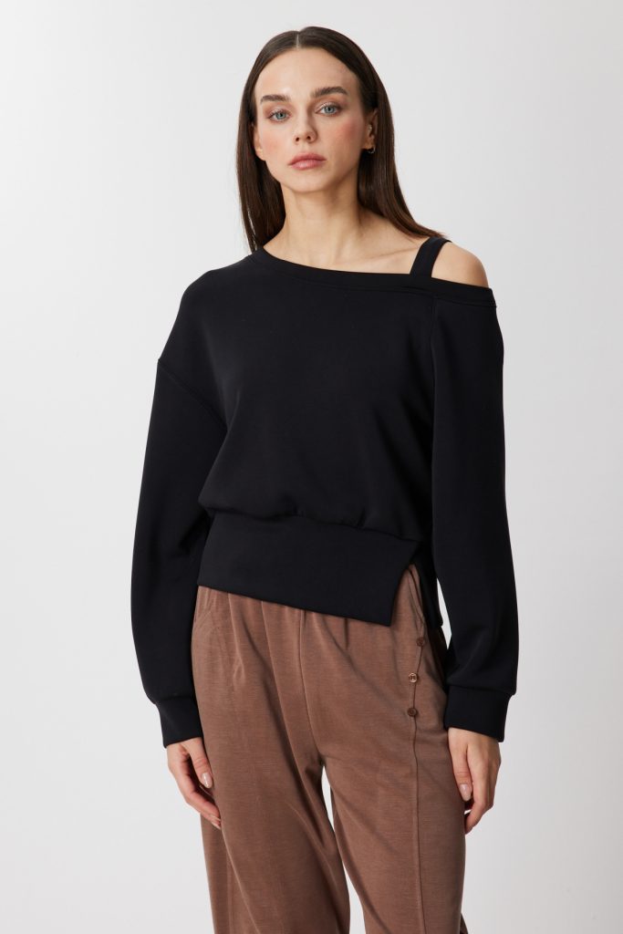 ON TRİKO Kayık Yaka Yırtmaç Detaylı Sweat 76324 - Siyah