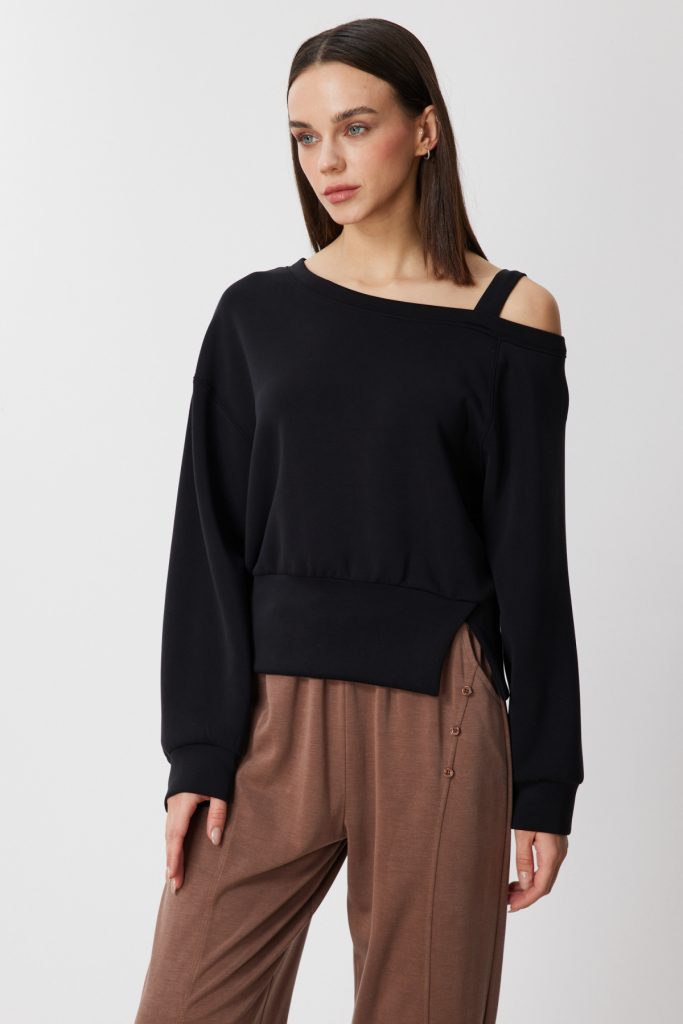 ON TRİKO Kayık Yaka Yırtmaç Detaylı Sweat 76324 - Siyah