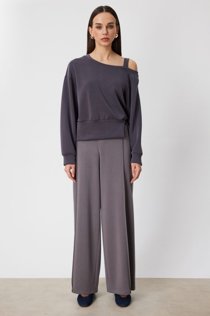 ON TRİKO Kayık Yaka Yırtmaç Detaylı Sweat 76324 - ANTRASİT