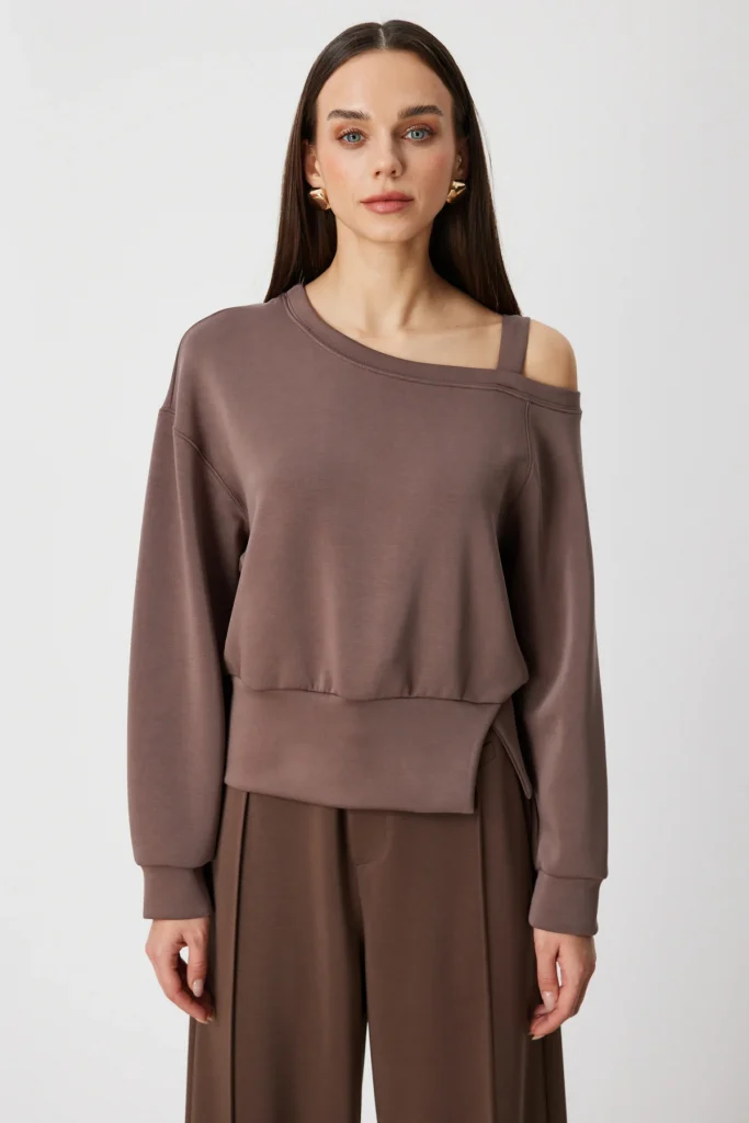 ON TRİKO Kayık Yaka Yırtmaç Detaylı Sweat 76324 - kahve