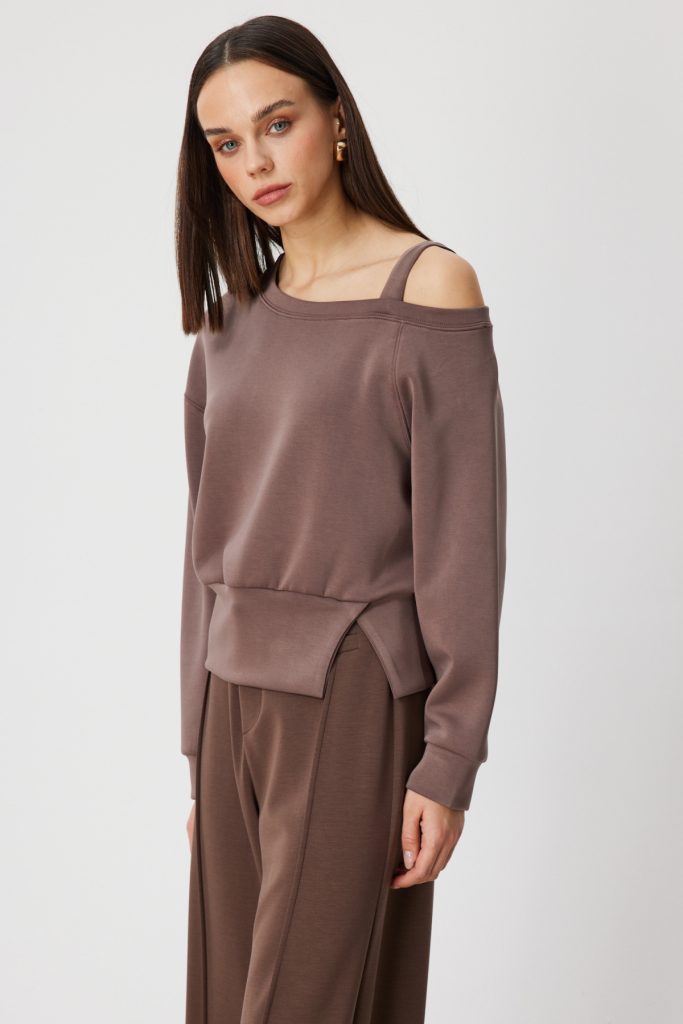 ON TRİKO Kayık Yaka Yırtmaç Detaylı Sweat 76324 - kahve