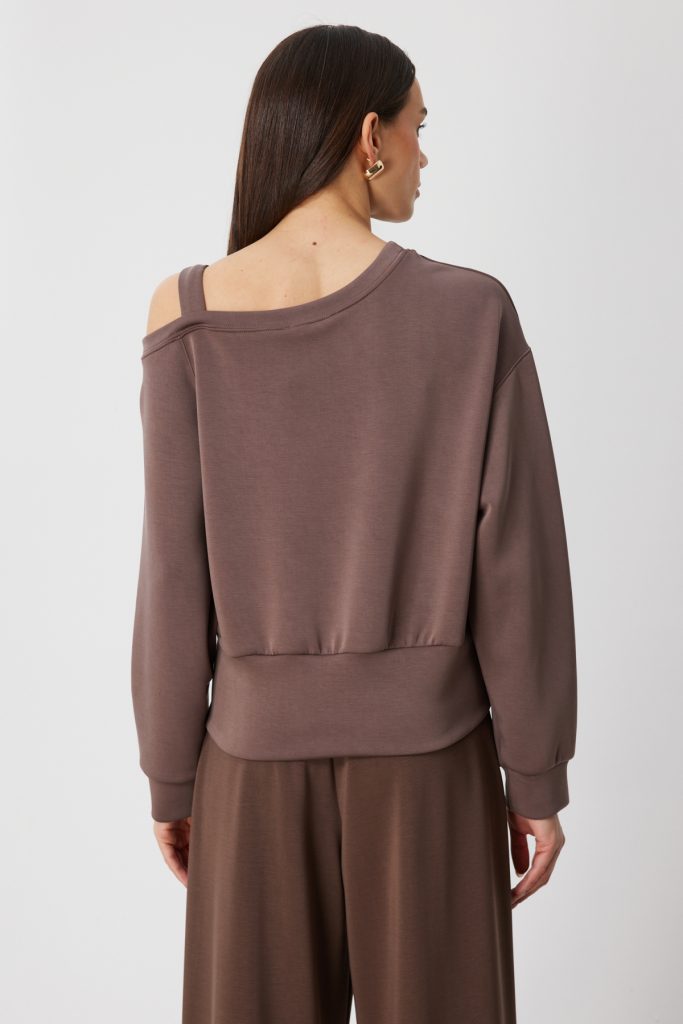 ON TRİKO Kayık Yaka Yırtmaç Detaylı Sweat 76324 - kahve