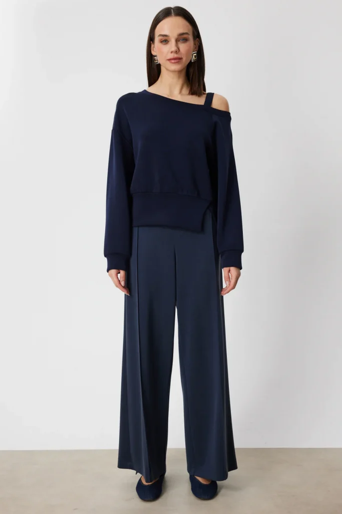 ON TRİKO Kayık Yaka Yırtmaç Detaylı Sweat 76324 - Lacivert