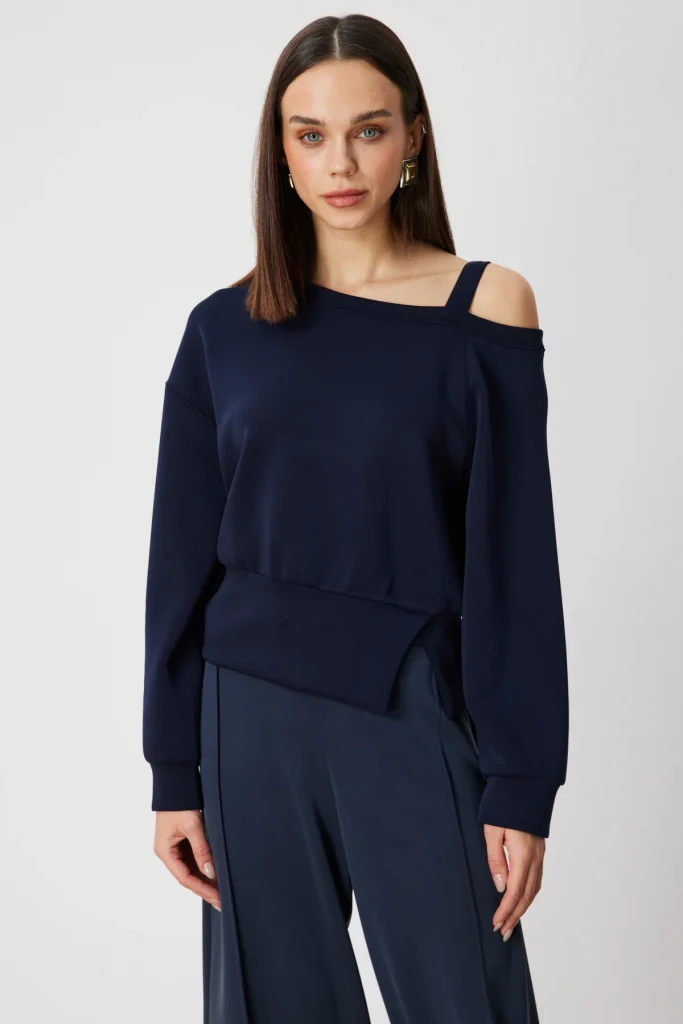 ON TRİKO Kayık Yaka Yırtmaç Detaylı Sweat 76324 - Lacivert