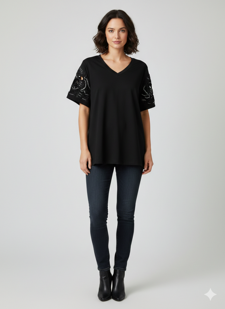 VEDİ V Yaka Kol İşlemeli T-shirt 7025