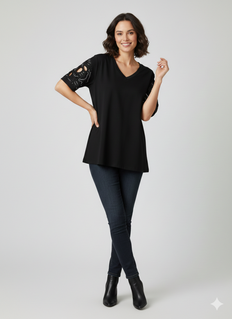 VEDİ V Yaka Kol İşlemeli T-shirt 7025