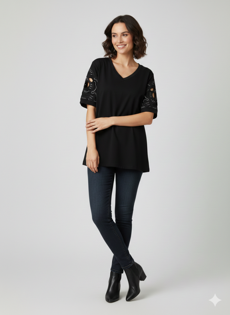 VEDİ V Yaka Kol İşlemeli T-shirt 7025