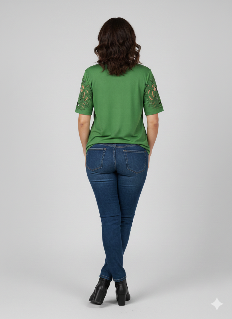 VEDİ V Yaka Kol İşlemeli T-shirt 7025 - HAKİ