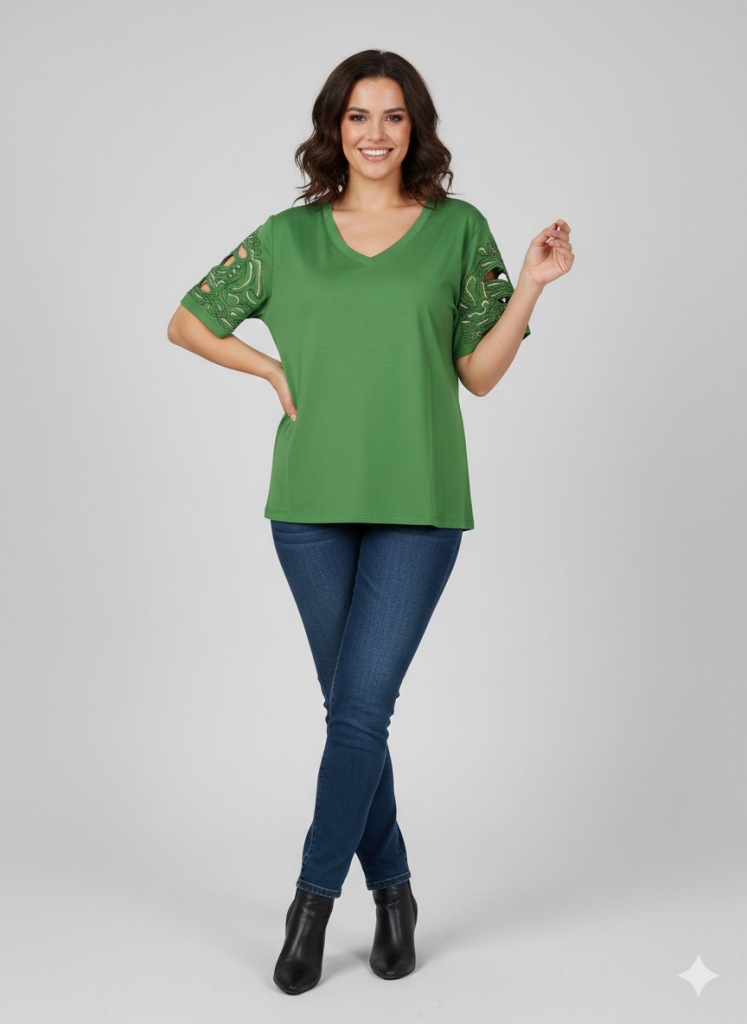 VEDİ V Yaka Kol İşlemeli T-shirt 7025 - HAKİ