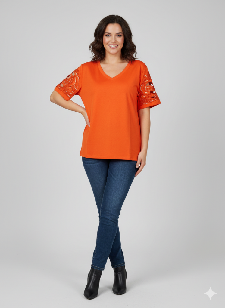 VEDİ V Yaka Kol İşlemeli T-shirt 7025 - oranj
