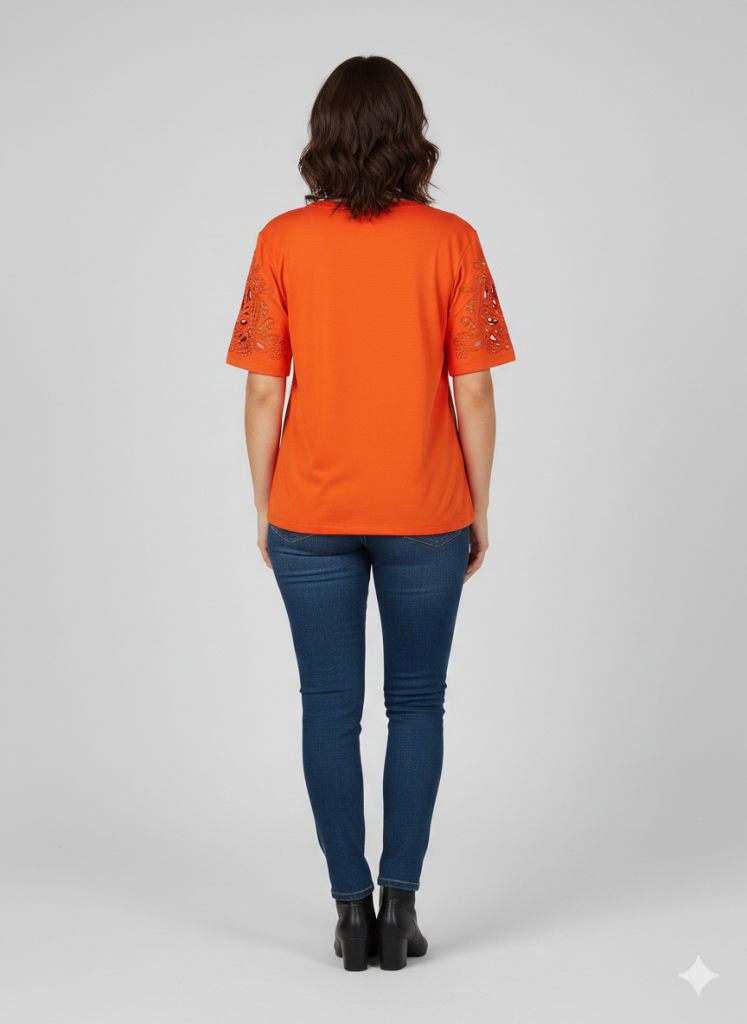 VEDİ V Yaka Kol İşlemeli T-shirt 7025 - oranj