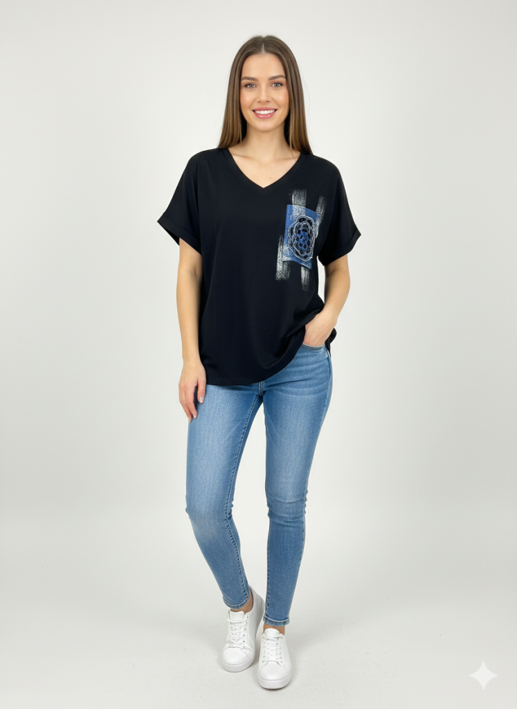 VEDİ Cepli V Yaka T-shirt 7031 - Siyah