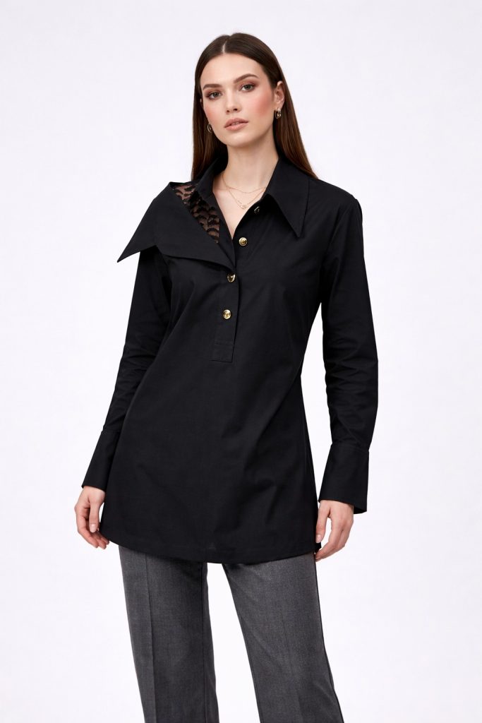 MY312 Dantel Detaylı Gold Düğmeli Gömlek 8835 - Siyah