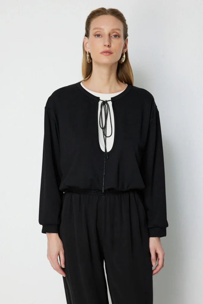 ON TRİKO Beli Lastikli Zincirli Crop Sweat 76329 - Siyah