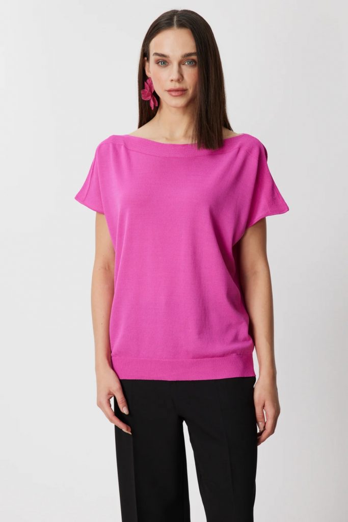 ON TRİKO Kayık Yaka Kısa Kollu Bluz 76370 - fusya