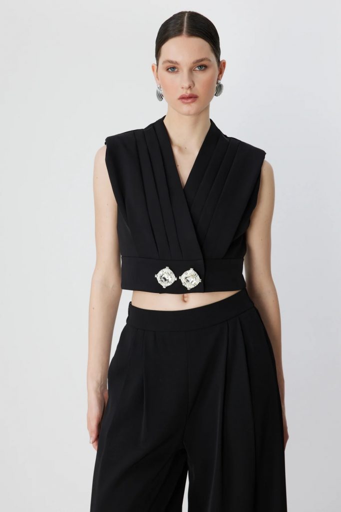 ON TRİKO Beli Taşlı Sıfır Kol Bluz 70300 - Siyah