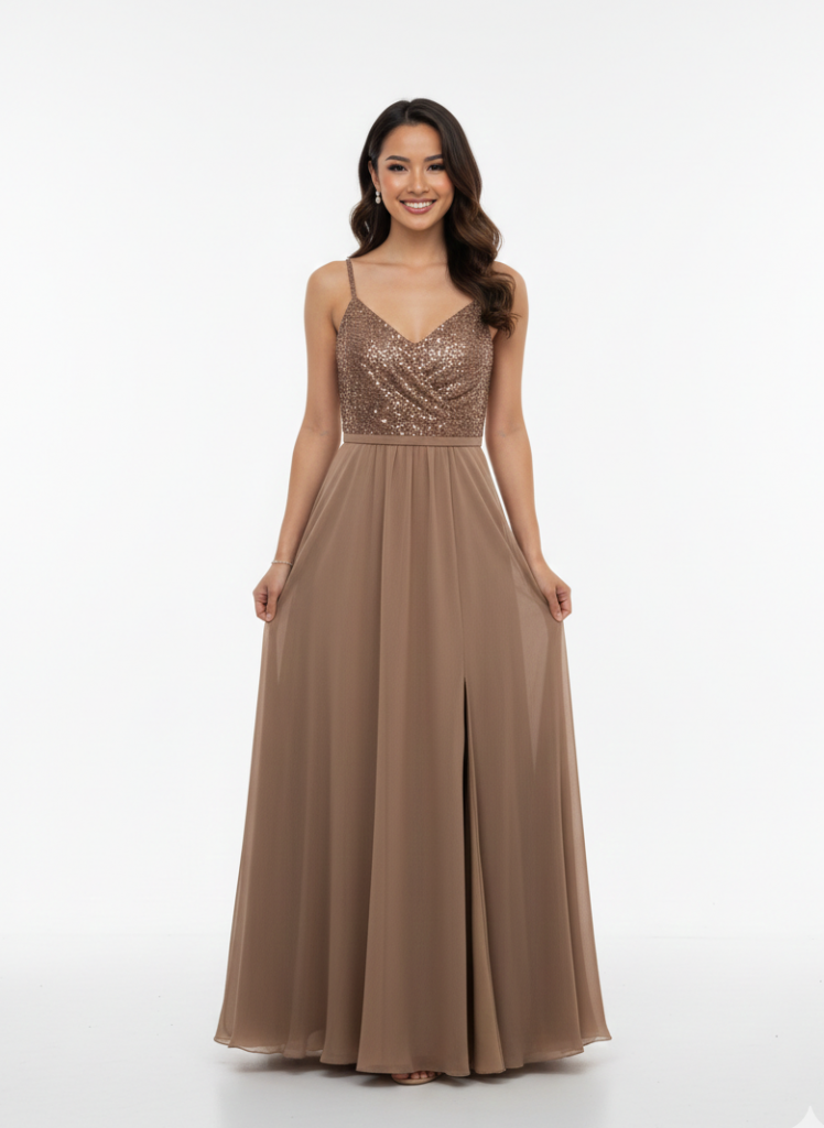 DORİDORCA Önü Yırtmaçlı Pul Payetli Elbise 5045 - BRONZ