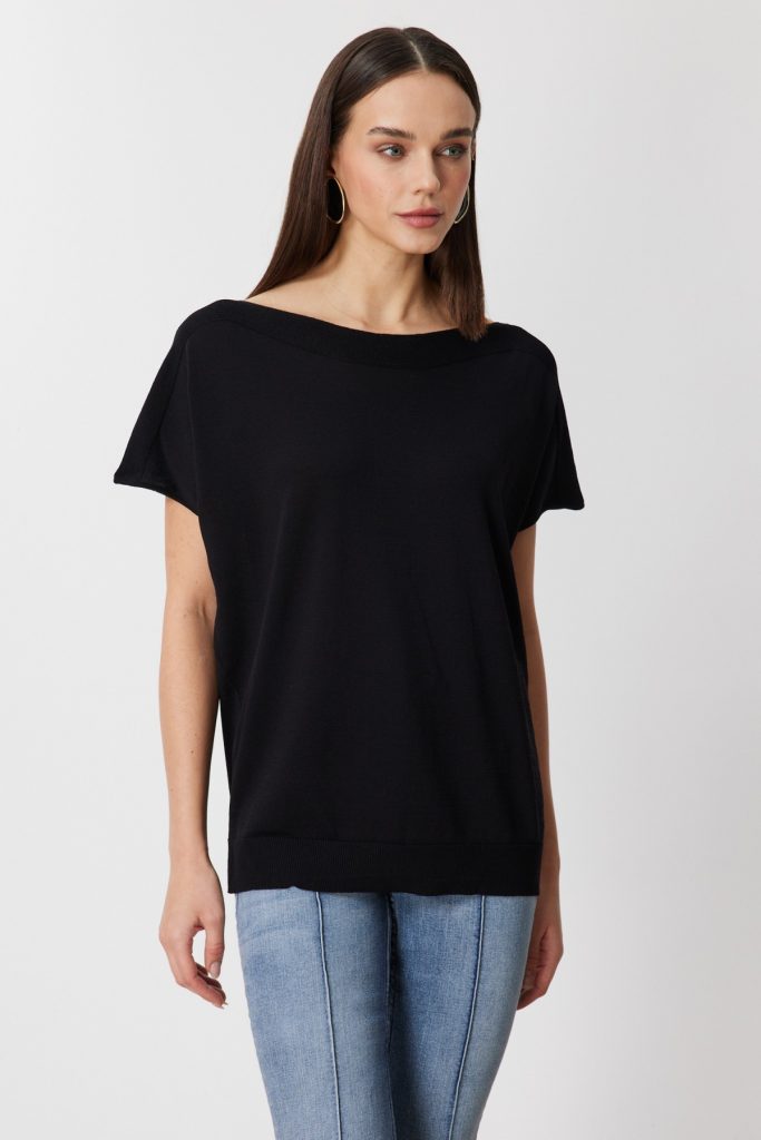 ON TRİKO Kayık Yaka Kısa Kollu Bluz 76370 - Siyah