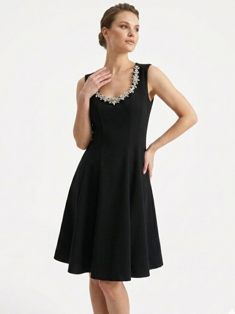 EKOL Yakası Taşlı Mini Elbise 6038 - Siyah