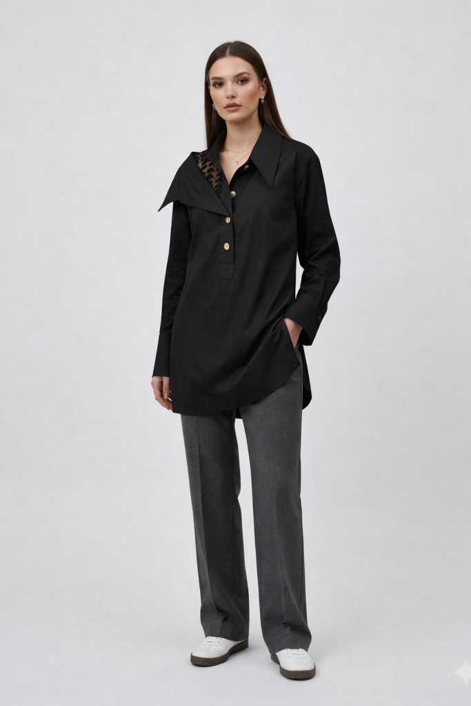 MY312 Dantel Detaylı Gold Düğmeli Gömlek 8835 - Siyah