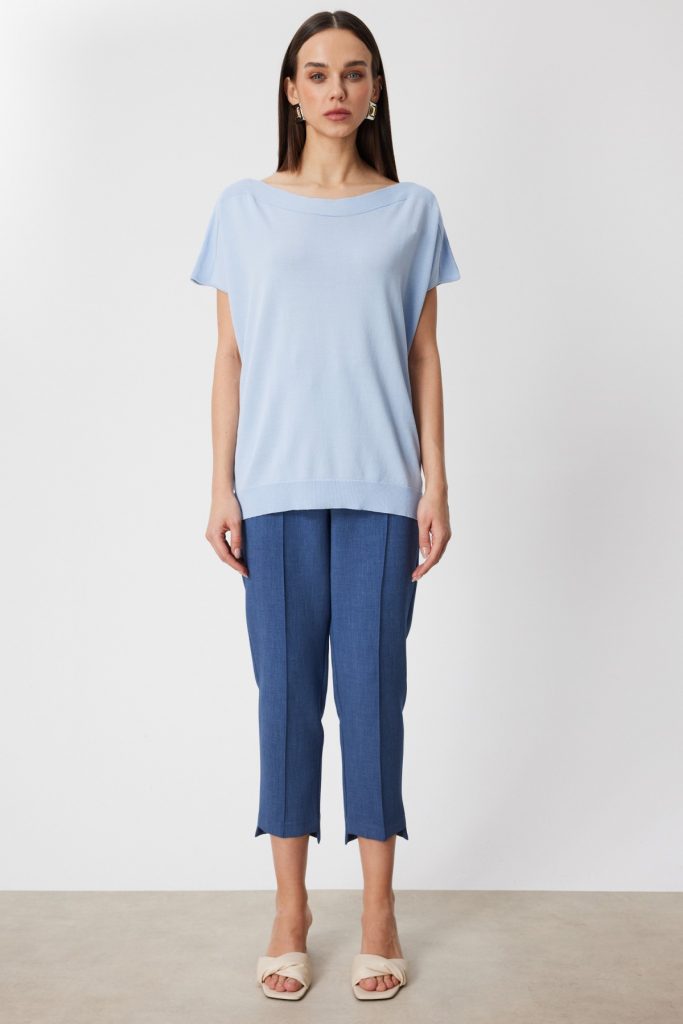 ON TRİKO Kayık Yaka Kısa Kollu Bluz 76370 - MAVİ