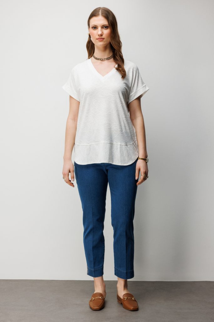 ON TRİKO V Yaka Desenli Büyük Beden Bluz 71343 - EKRU