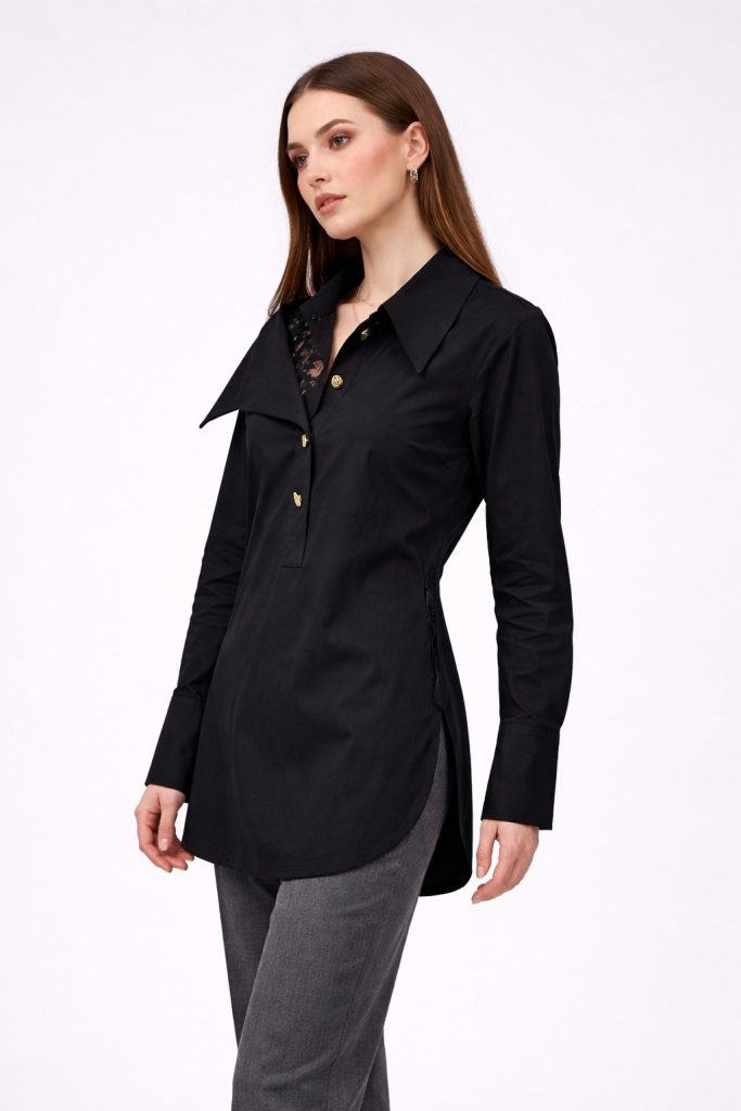 MY312 Dantel Detaylı Gold Düğmeli Gömlek 8835 - Siyah