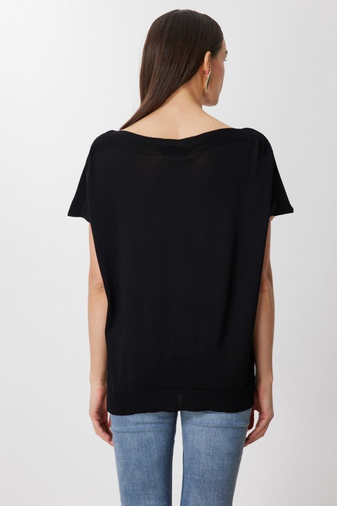 ON TRİKO Kayık Yaka Kısa Kollu Bluz 76370 - Siyah