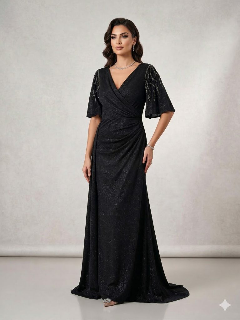 LACRİMA Yarım Kol Parlak Kumaş Abiye 8200 B.B - Siyah